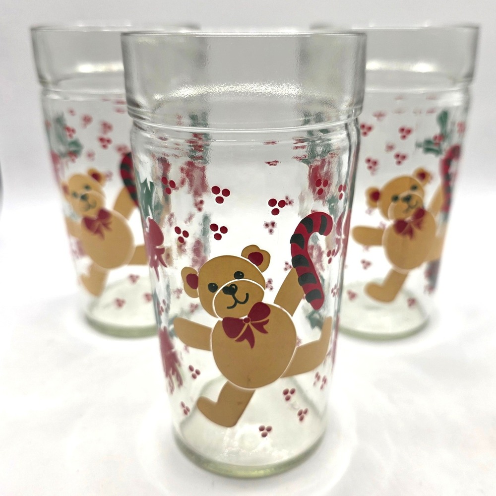 Vintage Christmas Teddy Bear Glass Tumblers Set of 3 Candy Cane Holly Clear